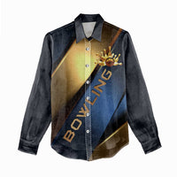 Angry Bowling Ball and Pins Women Casual Shirt with Blue and Gold Metallic Stripe Graphic Design - Wonder Print Shop