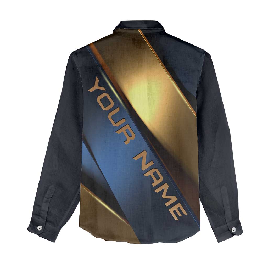 Angry Bowling Ball and Pins Women Casual Shirt with Blue and Gold Metallic Stripe Graphic Design - Wonder Print Shop