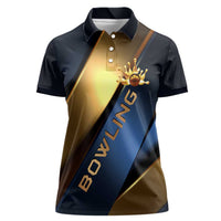 Angry Bowling Ball and Pins Women Polo Shirt with Blue and Gold Metallic Stripe Graphic Design - Wonder Print Shop