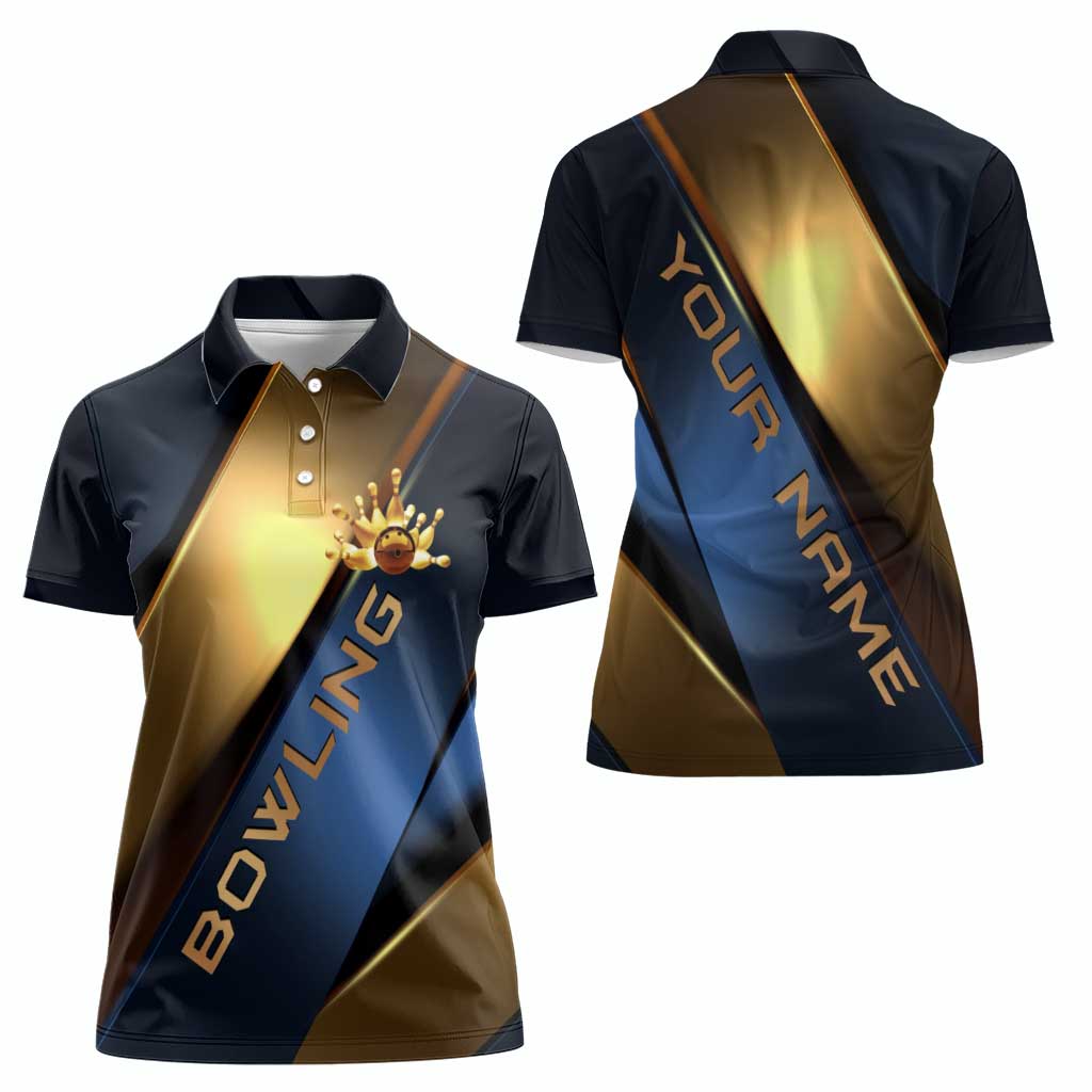 Angry Bowling Ball and Pins Women Polo Shirt with Blue and Gold Metallic Stripe Graphic Design - Wonder Print Shop
