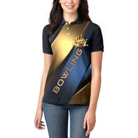 Angry Bowling Ball and Pins Women Polo Shirt with Blue and Gold Metallic Stripe Graphic Design - Wonder Print Shop