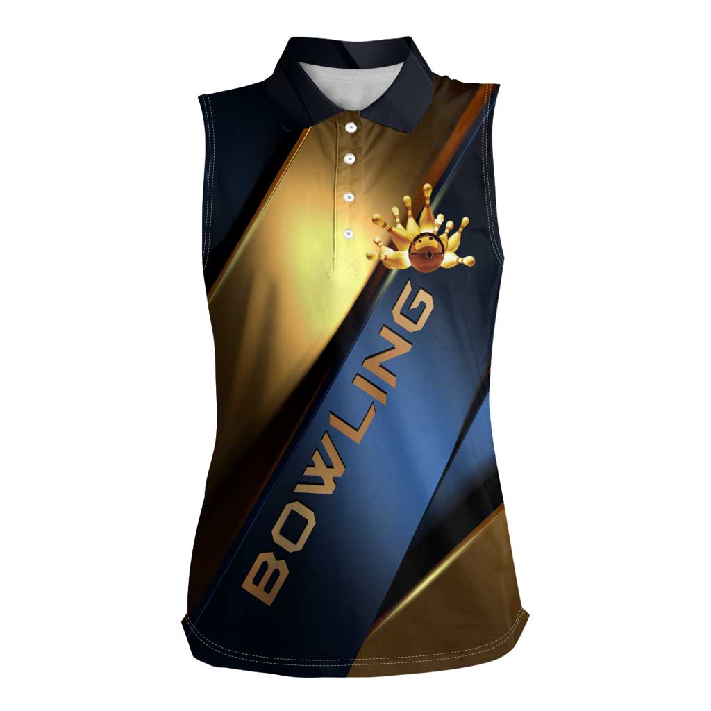 Angry Bowling Ball and Pins Women Sleeveless Polo Shirt with Blue and Gold Metallic Stripe Graphic Design - Wonder Print Shop