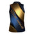 Angry Bowling Ball and Pins Women Sleeveless Polo Shirt with Blue and Gold Metallic Stripe Graphic Design - Wonder Print Shop