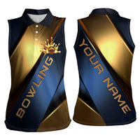 Angry Bowling Ball and Pins Women Sleeveless Polo Shirt with Blue and Gold Metallic Stripe Graphic Design - Wonder Print Shop