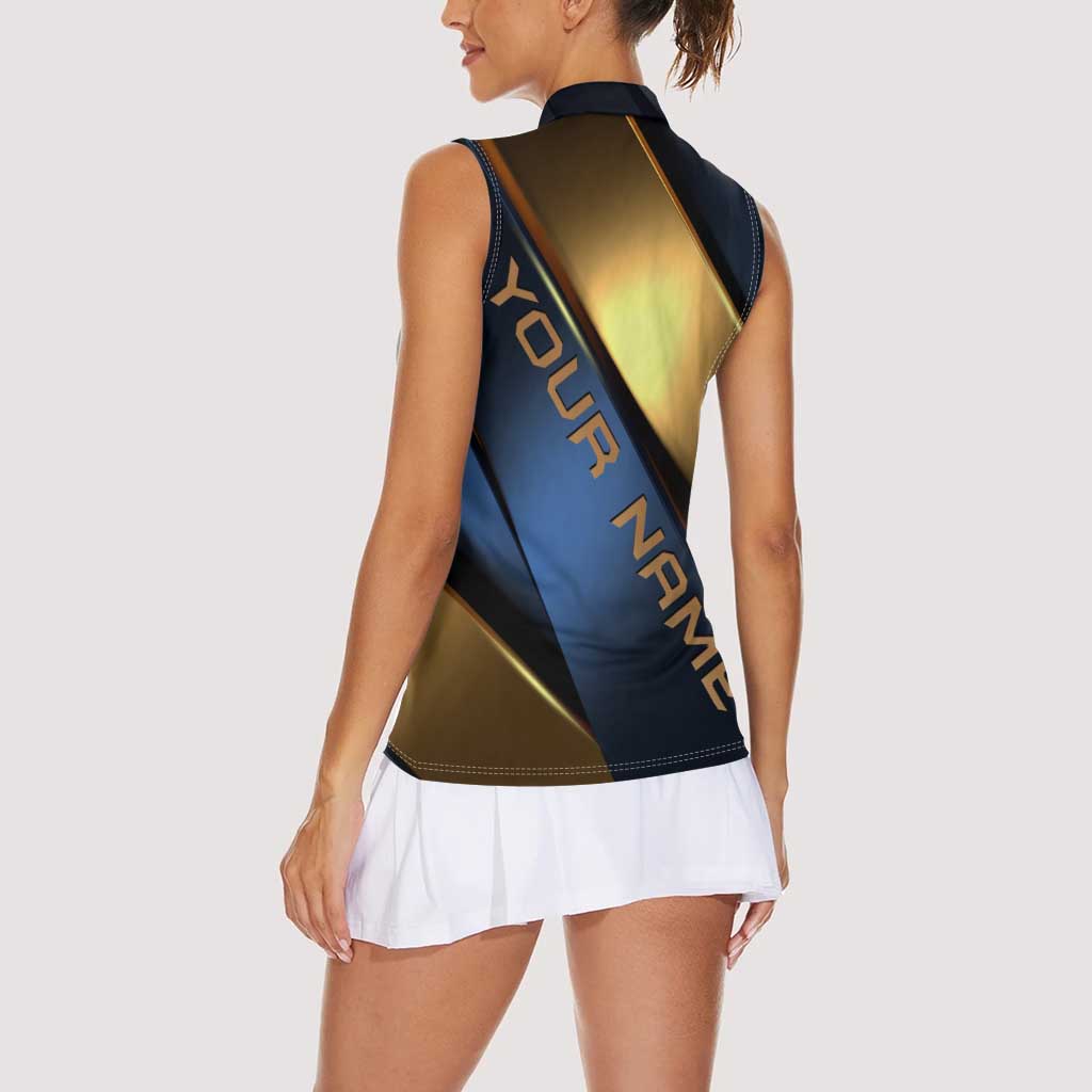 Angry Bowling Ball and Pins Women Sleeveless Polo Shirt with Blue and Gold Metallic Stripe Graphic Design - Wonder Print Shop
