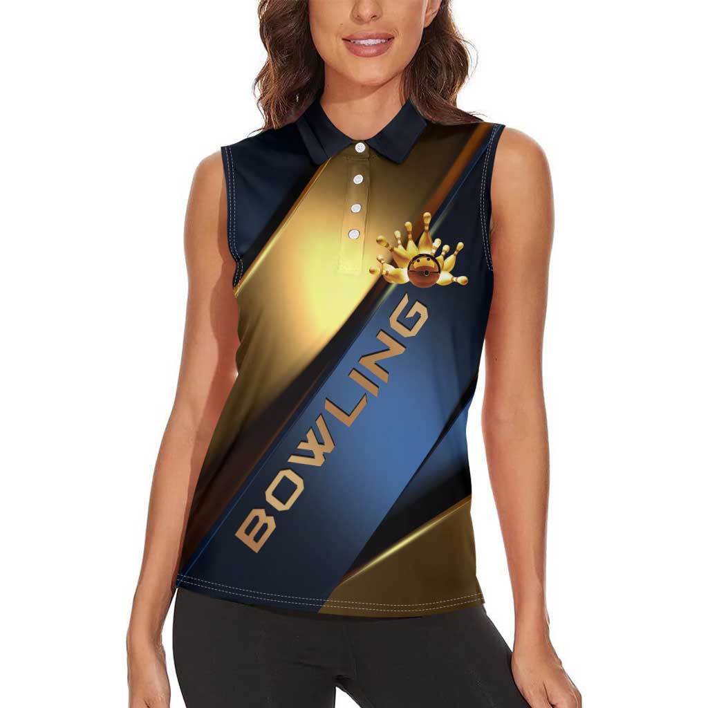 Angry Bowling Ball and Pins Women Sleeveless Polo Shirt with Blue and Gold Metallic Stripe Graphic Design - Wonder Print Shop