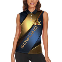 Angry Bowling Ball and Pins Women Sleeveless Polo Shirt with Blue and Gold Metallic Stripe Graphic Design - Wonder Print Shop