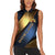 Angry Bowling Ball and Pins Women Sleeveless Polo Shirt with Blue and Gold Metallic Stripe Graphic Design - Wonder Print Shop