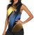 Angry Bowling Ball and Pins Women Sleeveless Polo Shirt with Blue and Gold Metallic Stripe Graphic Design - Wonder Print Shop