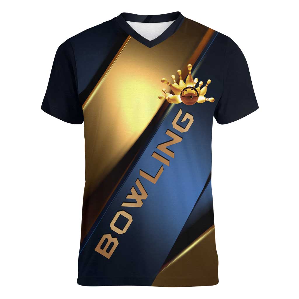 Angry Bowling Ball and Pins Women V-Neck T-Shirt with Blue and Gold Metallic Stripe Graphic Design - Wonder Print Shop