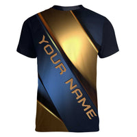 Angry Bowling Ball and Pins Women V-Neck T-Shirt with Blue and Gold Metallic Stripe Graphic Design - Wonder Print Shop