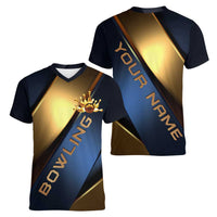 Angry Bowling Ball and Pins Women V-Neck T-Shirt with Blue and Gold Metallic Stripe Graphic Design - Wonder Print Shop