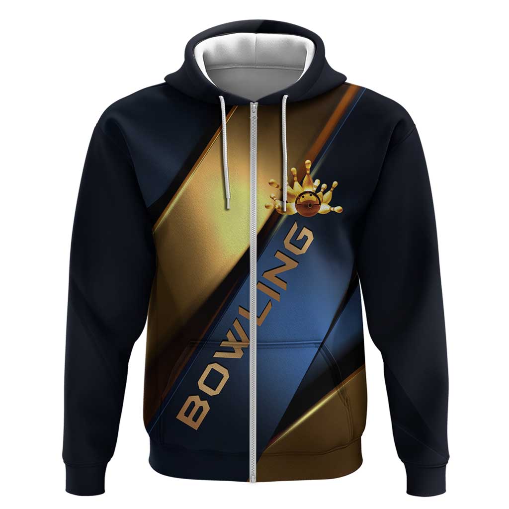 Angry Bowling Ball and Pins Zip Hoodie with Blue and Gold Metallic Stripe Graphic Design - Wonder Print Shop