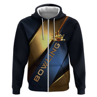 Angry Bowling Ball and Pins Zip Hoodie with Blue and Gold Metallic Stripe Graphic Design - Wonder Print Shop