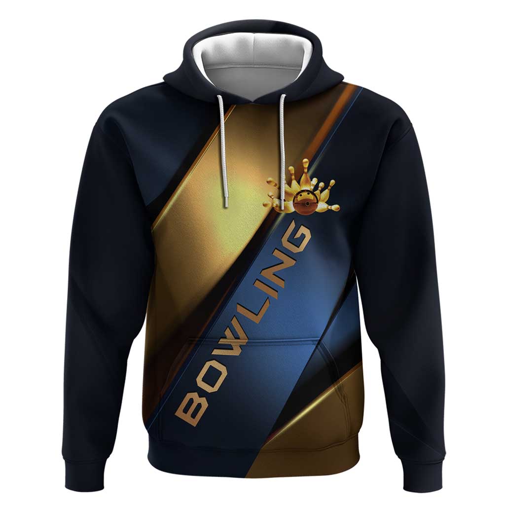 Angry Bowling Ball and Pins Zip Hoodie with Blue and Gold Metallic Stripe Graphic Design - Wonder Print Shop