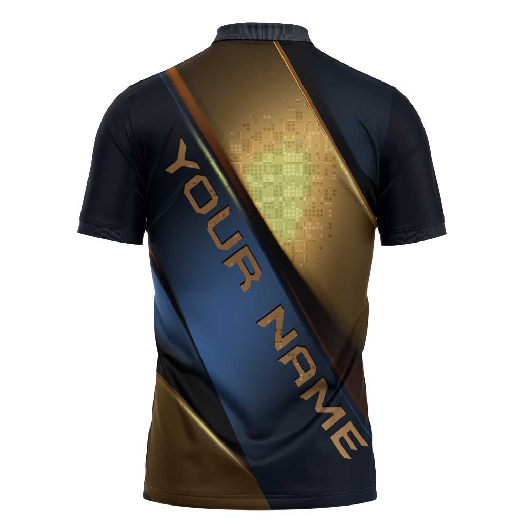 Angry Bowling Ball and Pins Zipper Polo Shirt with Blue and Gold Metallic Stripe Graphic Design - Wonder Print Shop