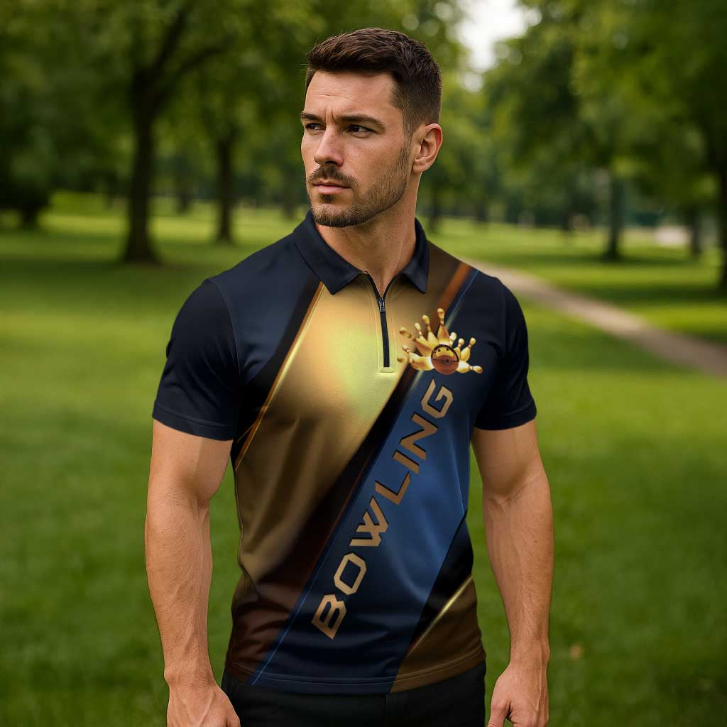 Angry Bowling Ball and Pins Zipper Polo Shirt with Blue and Gold Metallic Stripe Graphic Design - Wonder Print Shop