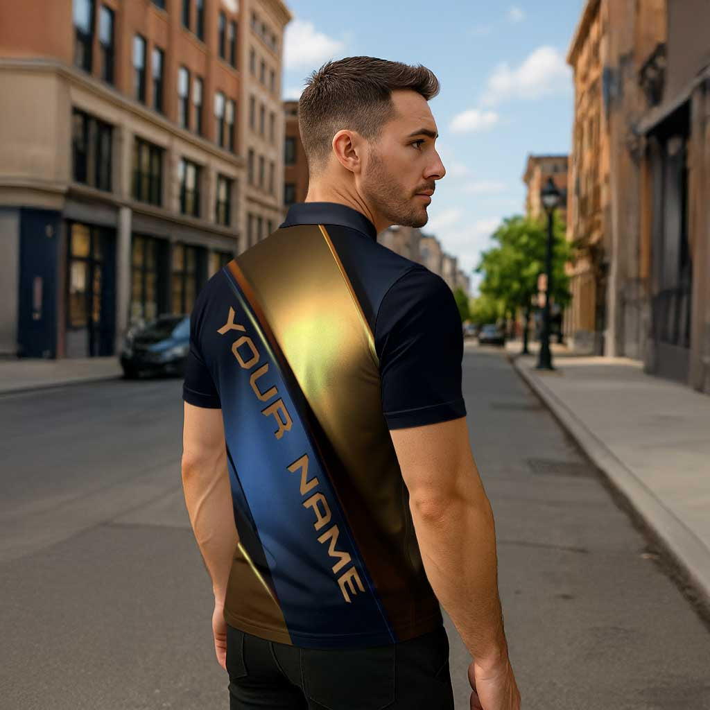 Angry Bowling Ball and Pins Zipper Polo Shirt with Blue and Gold Metallic Stripe Graphic Design - Wonder Print Shop