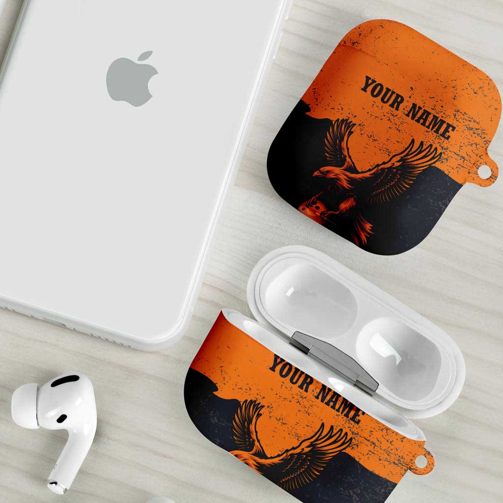 Flying Eagle Carrying Bowling Ball AirPods Case with Grunge Orange and Black Splatter Design - Wonder Print Shop