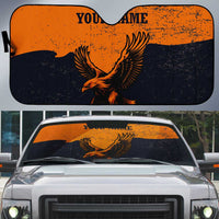 Flying Eagle Carrying Bowling Ball Auto Sun Shade with Grunge Orange and Black Splatter Design - Wonder Print Shop