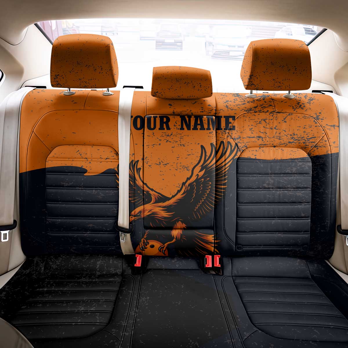 Flying Eagle Carrying Bowling Ball Back Car Seat Cover with Grunge Orange and Black Splatter Design - Wonder Print Shop