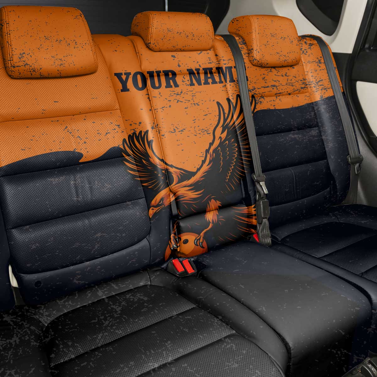Flying Eagle Carrying Bowling Ball Back Car Seat Cover with Grunge Orange and Black Splatter Design - Wonder Print Shop