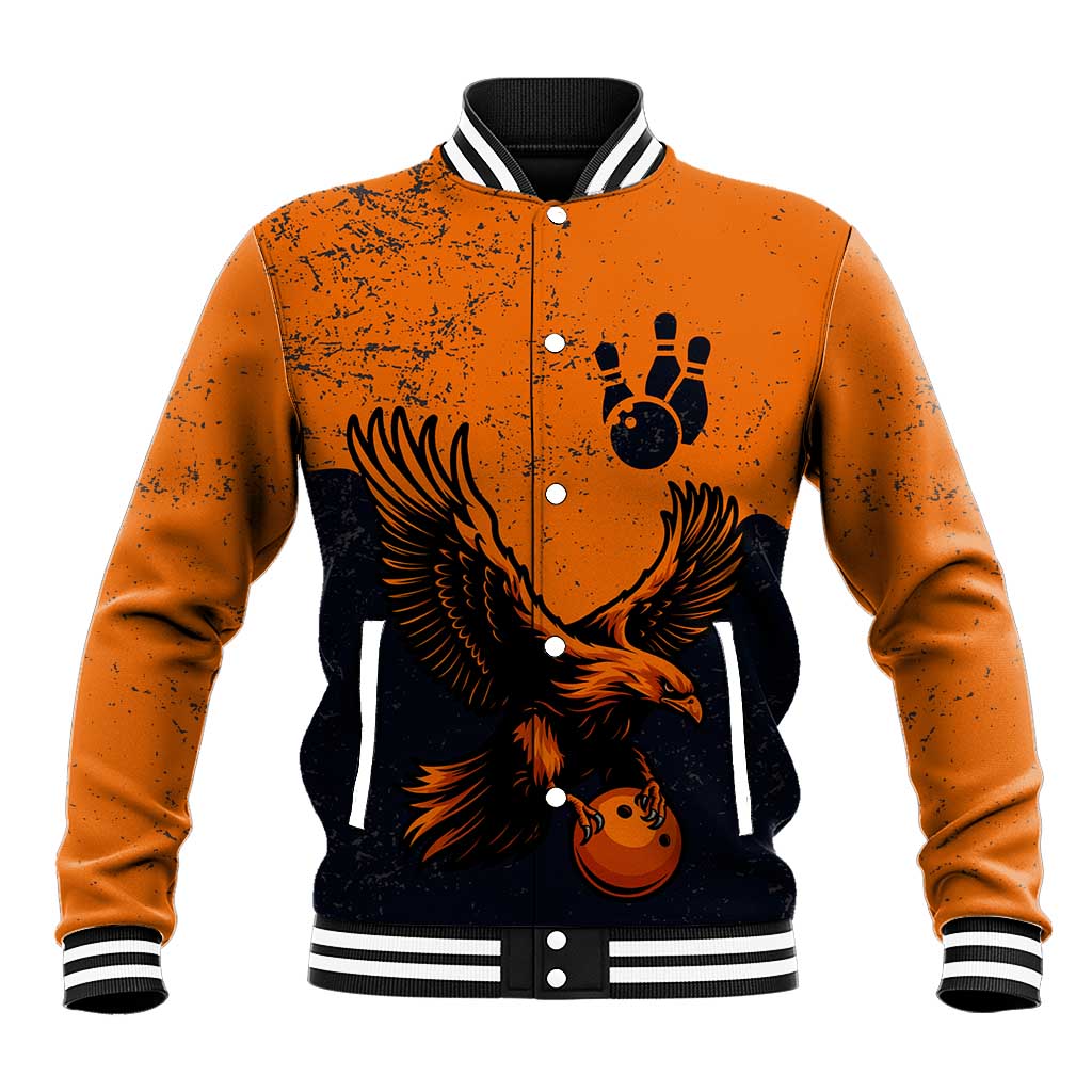 Flying Eagle Carrying Bowling Ball Baseball Jacket with Grunge Orange and Black Splatter Design - Wonder Print Shop