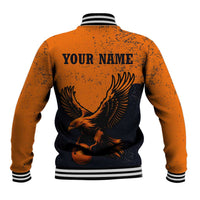 Flying Eagle Carrying Bowling Ball Baseball Jacket with Grunge Orange and Black Splatter Design - Wonder Print Shop