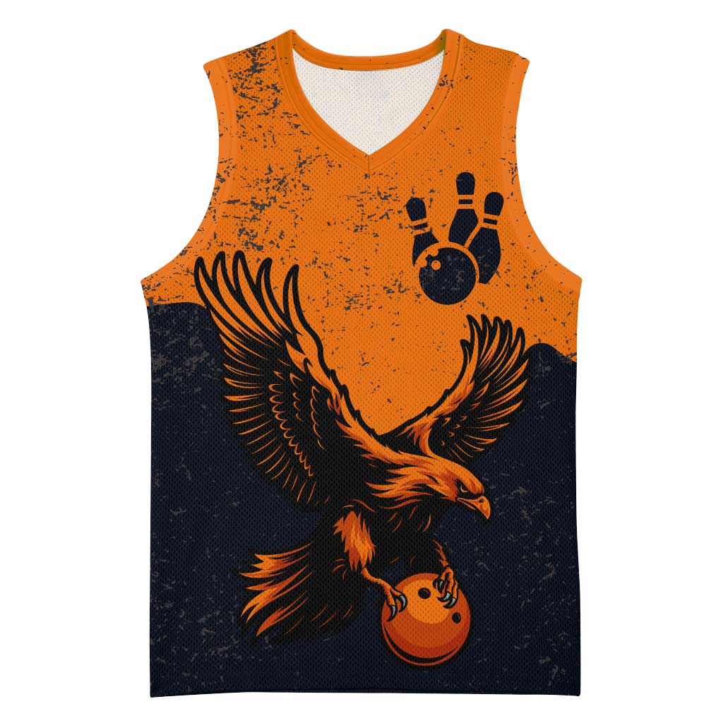 Flying Eagle Carrying Bowling Ball Basketball Jersey with Grunge Orange and Black Splatter Design - Wonder Print Shop