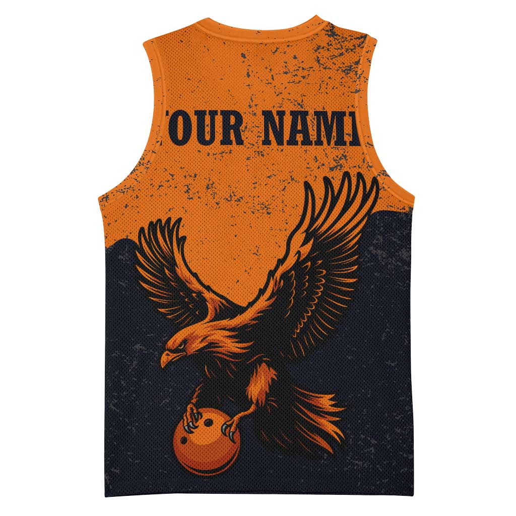 Flying Eagle Carrying Bowling Ball Basketball Jersey with Grunge Orange and Black Splatter Design - Wonder Print Shop