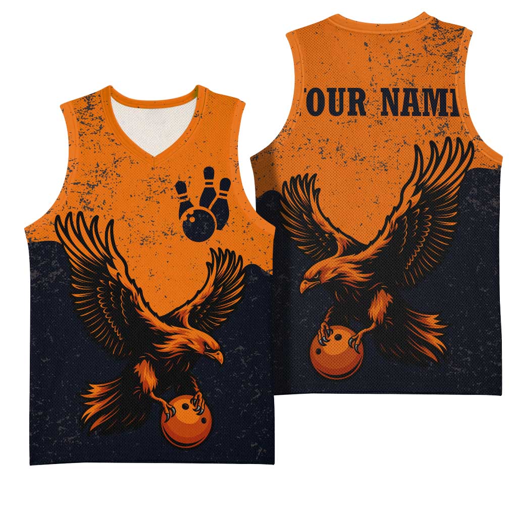 Flying Eagle Carrying Bowling Ball Basketball Jersey with Grunge Orange and Black Splatter Design - Wonder Print Shop