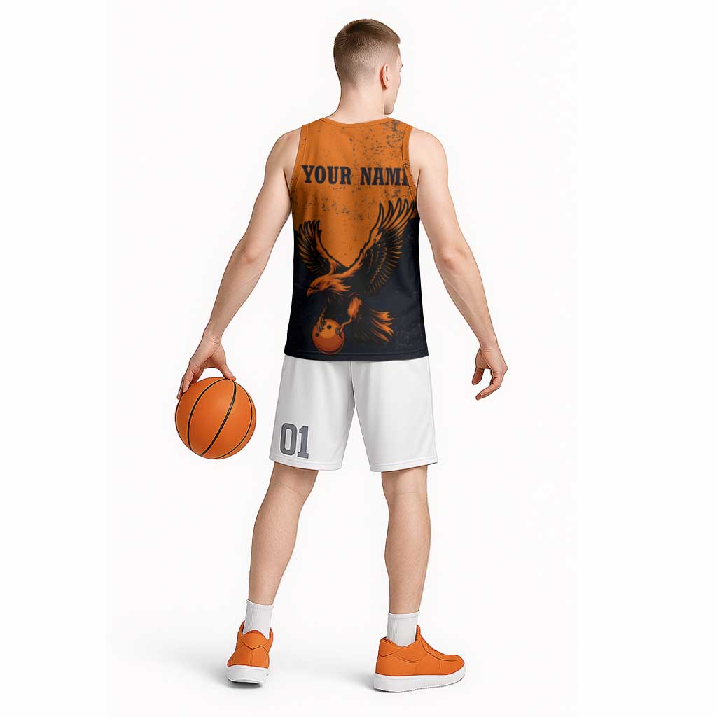 Flying Eagle Carrying Bowling Ball Basketball Jersey with Grunge Orange and Black Splatter Design - Wonder Print Shop
