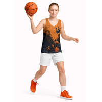 Flying Eagle Carrying Bowling Ball Basketball Jersey with Grunge Orange and Black Splatter Design - Wonder Print Shop
