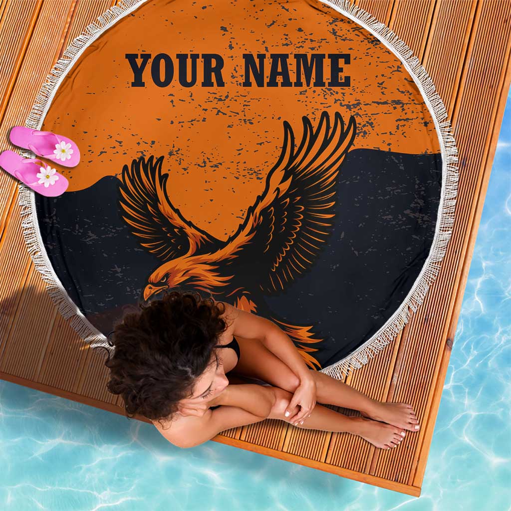 Flying Eagle Carrying Bowling Ball Beach Blanket with Grunge Orange and Black Splatter Design - Wonder Print Shop