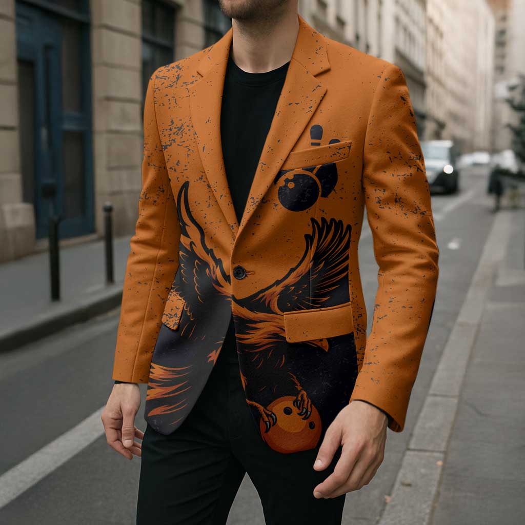 Flying Eagle Carrying Bowling Ball Blazer with Grunge Orange and Black Splatter Design - Wonder Print Shop