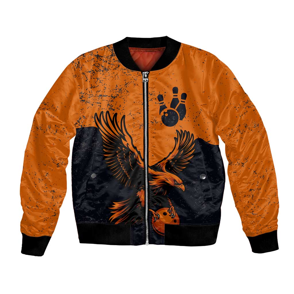 Flying Eagle Carrying Bowling Ball Bomber Jacket with Grunge Orange and Black Splatter Design - Wonder Print Shop