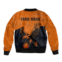 Flying Eagle Carrying Bowling Ball Bomber Jacket with Grunge Orange and Black Splatter Design - Wonder Print Shop
