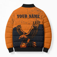 Flying Eagle Carrying Bowling Ball Bomber Puffer Jacket with Grunge Orange and Black Splatter Design - Wonder Print Shop