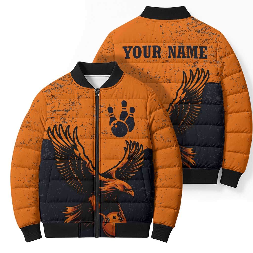 Flying Eagle Carrying Bowling Ball Bomber Puffer Jacket with Grunge Orange and Black Splatter Design - Wonder Print Shop