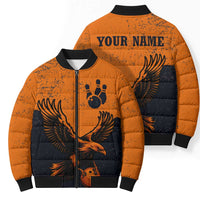 Flying Eagle Carrying Bowling Ball Bomber Puffer Jacket with Grunge Orange and Black Splatter Design - Wonder Print Shop