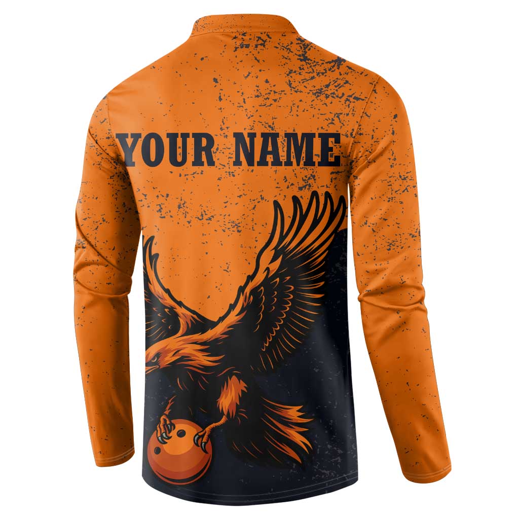 Flying Eagle Carrying Bowling Ball Button Sweatshirt with Grunge Orange and Black Splatter Design - Wonder Print Shop