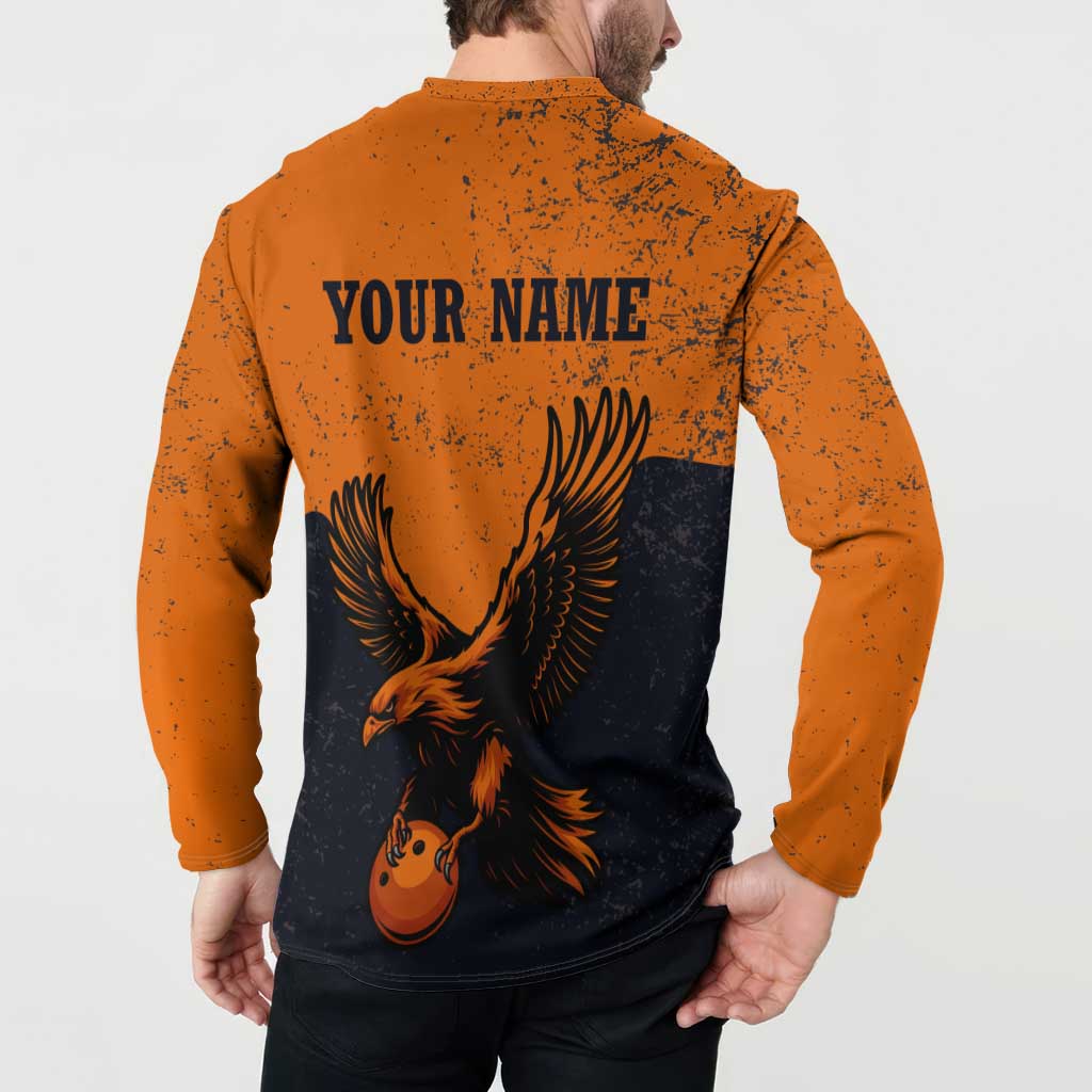 Flying Eagle Carrying Bowling Ball Button Sweatshirt with Grunge Orange and Black Splatter Design - Wonder Print Shop