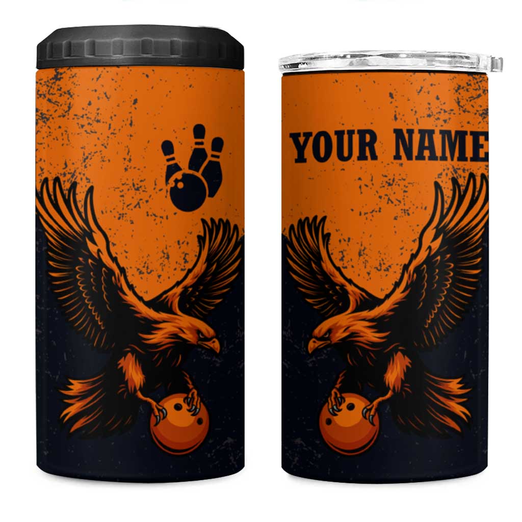 Flying Eagle Carrying Bowling Ball 4 in 1 Can Cooler Tumbler with Grunge Orange and Black Splatter Design - Wonder Print Shop