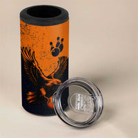 Flying Eagle Carrying Bowling Ball 4 in 1 Can Cooler Tumbler with Grunge Orange and Black Splatter Design - Wonder Print Shop