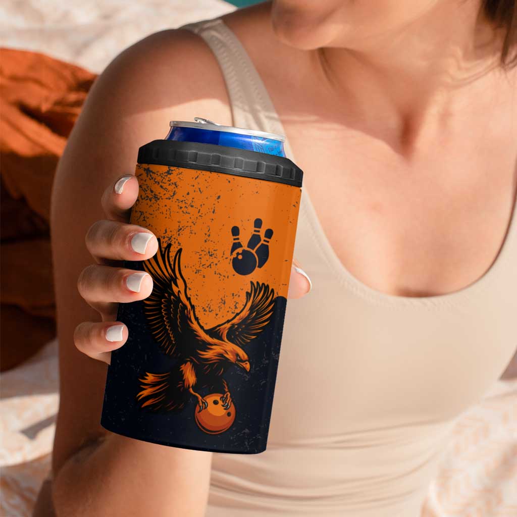 Flying Eagle Carrying Bowling Ball 4 in 1 Can Cooler Tumbler with Grunge Orange and Black Splatter Design - Wonder Print Shop