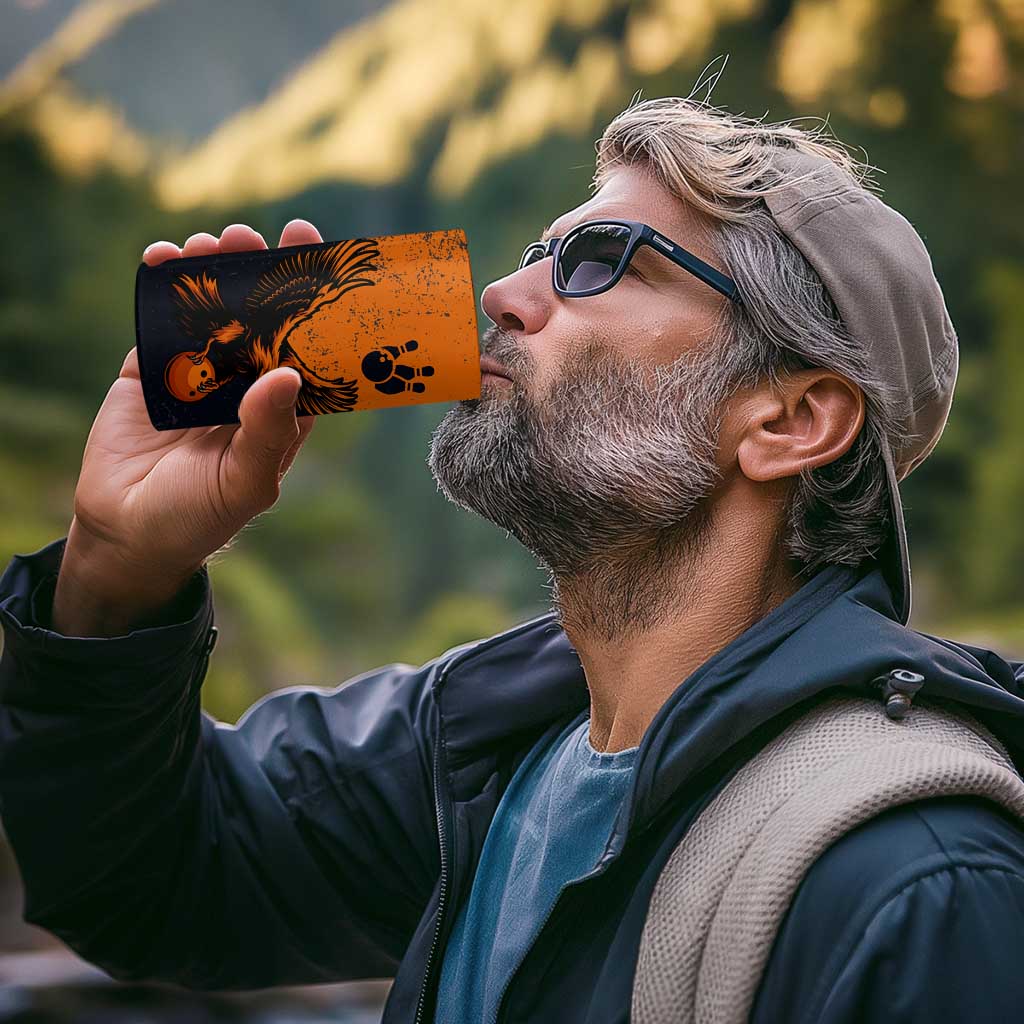 Flying Eagle Carrying Bowling Ball 4 in 1 Can Cooler Tumbler with Grunge Orange and Black Splatter Design - Wonder Print Shop