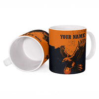 Flying Eagle Carrying Bowling Ball Ceramic Mug with Grunge Orange and Black Splatter Design - Wonder Print Shop