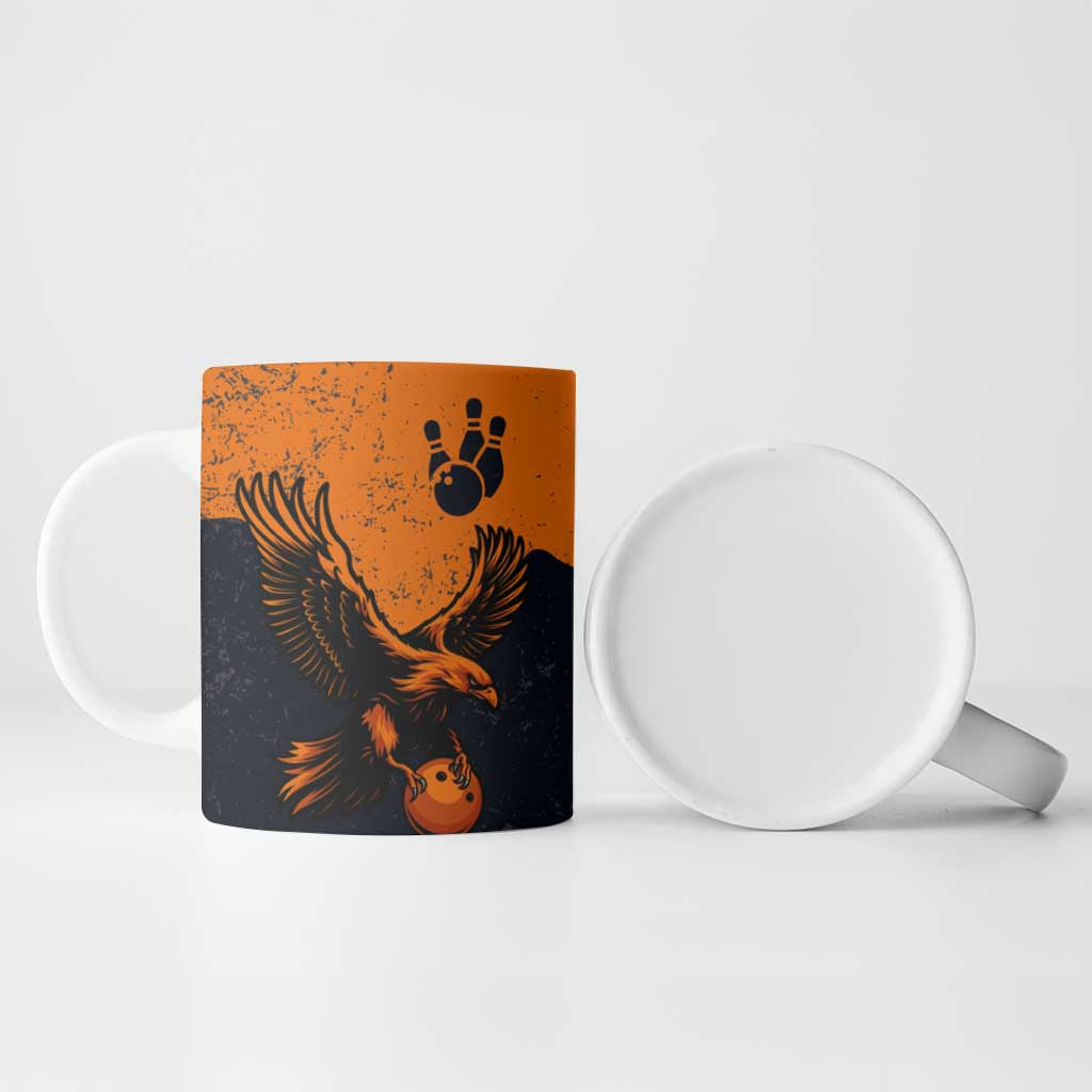 Flying Eagle Carrying Bowling Ball Ceramic Mug with Grunge Orange and Black Splatter Design - Wonder Print Shop