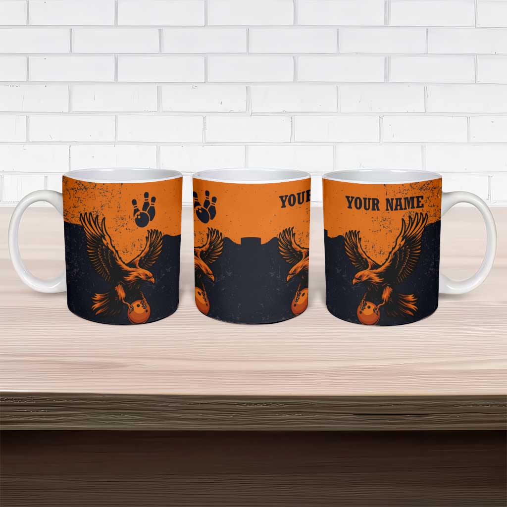 Flying Eagle Carrying Bowling Ball Ceramic Mug with Grunge Orange and Black Splatter Design - Wonder Print Shop