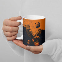 Flying Eagle Carrying Bowling Ball Ceramic Mug with Grunge Orange and Black Splatter Design - Wonder Print Shop